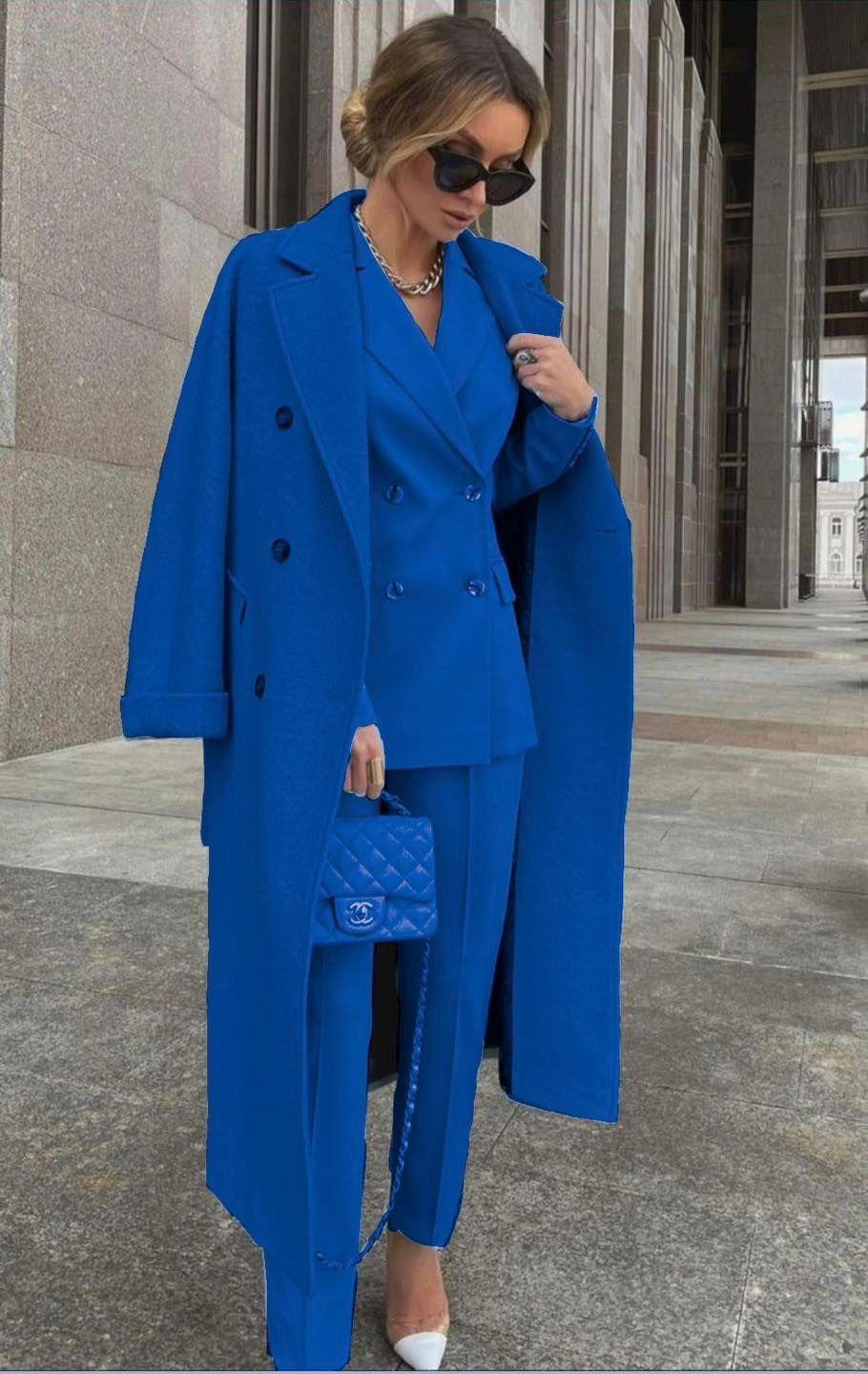 Ofelya - Elegante Conjunto De Traje Cruzado Con Abrigo Largo