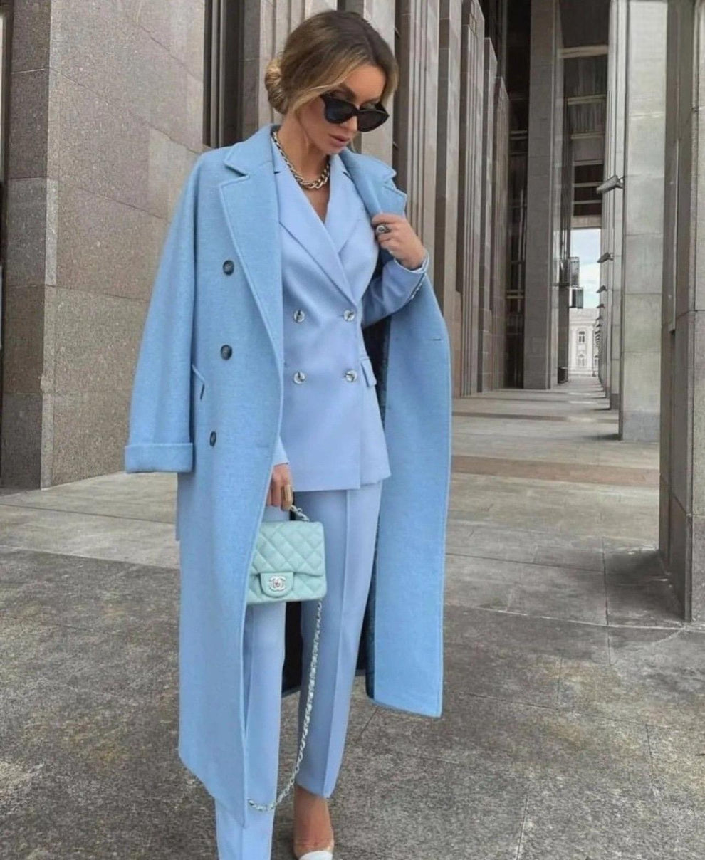 Ofelya - Elegante Conjunto De Traje Cruzado Con Abrigo Largo