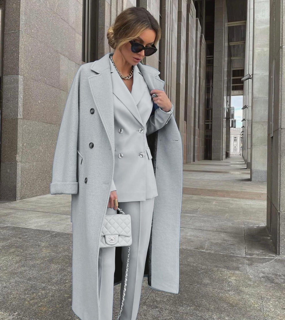 Ofelya - Elegante Conjunto De Traje Cruzado Con Abrigo Largo