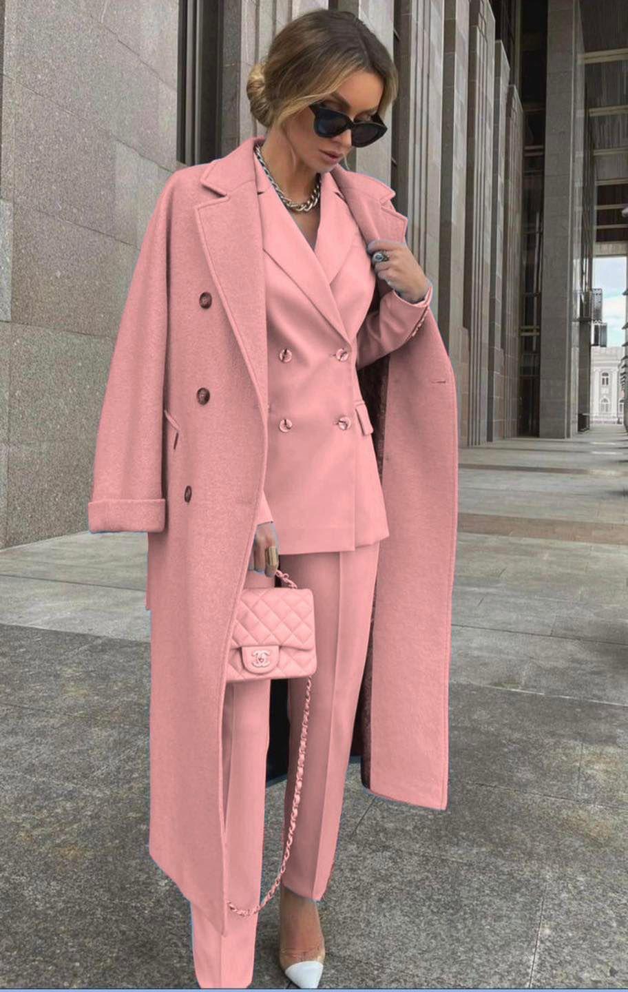 Ofelya - Elegante Conjunto De Traje Cruzado Con Abrigo Largo