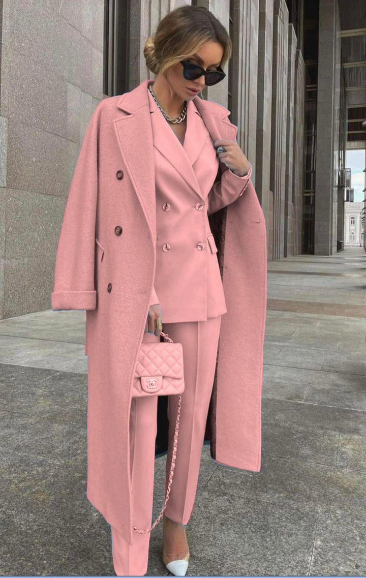 Ofelya - Elegante Conjunto De Traje Cruzado Con Abrigo Largo