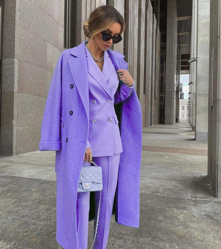 Ofelya - Elegante Conjunto De Traje Cruzado Con Abrigo Largo