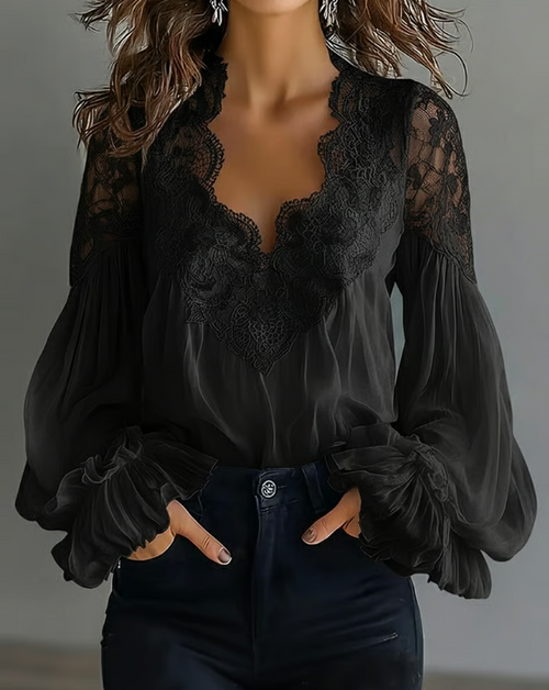 Katija - Blusa Con Encaje Floral y Mangas Acampanadas