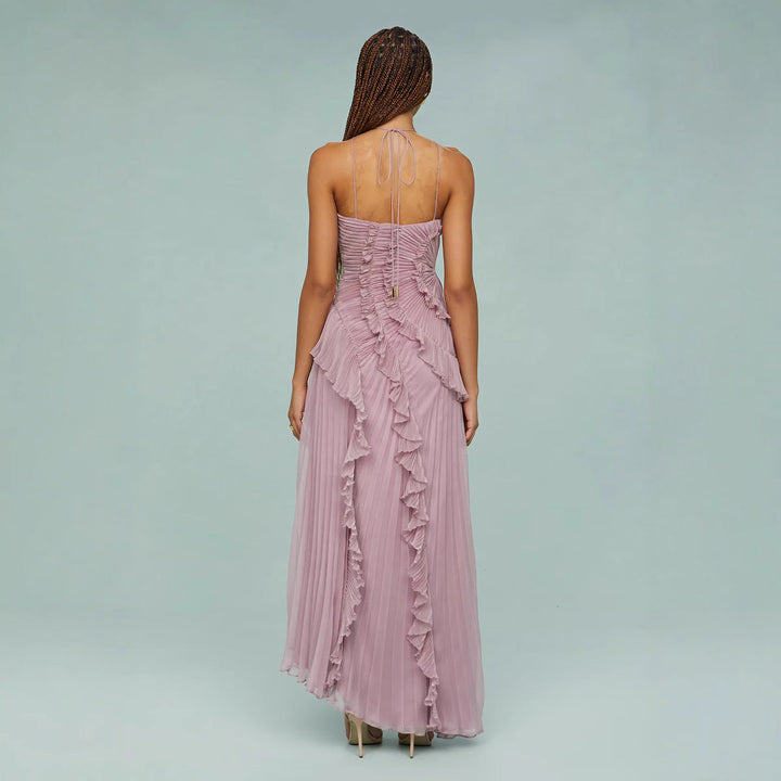 Maraike - Vestido Largo con Cuello Halter y Volantes Plisados