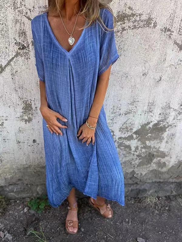 Naduni - Elegante Vestido de Algodón y lino Con Cuello en V
