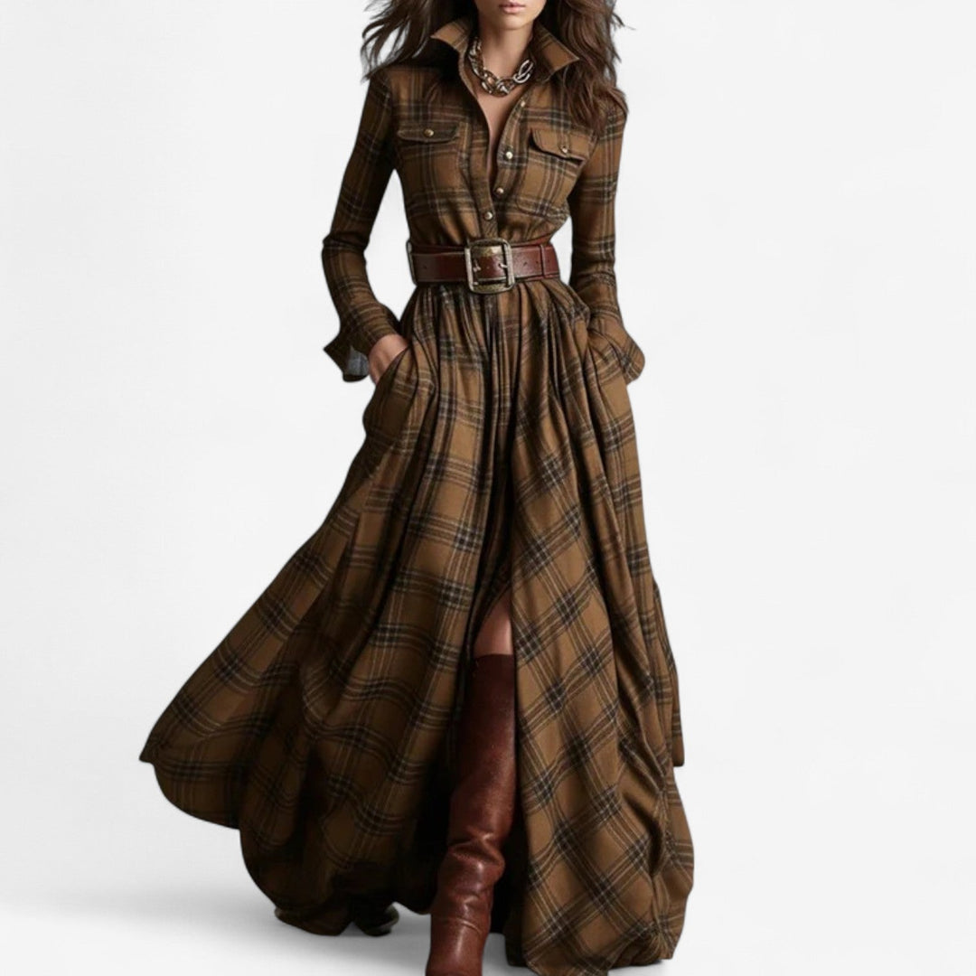 Renske - Vestido Camisero Largo A Cuadros Con Cinturón