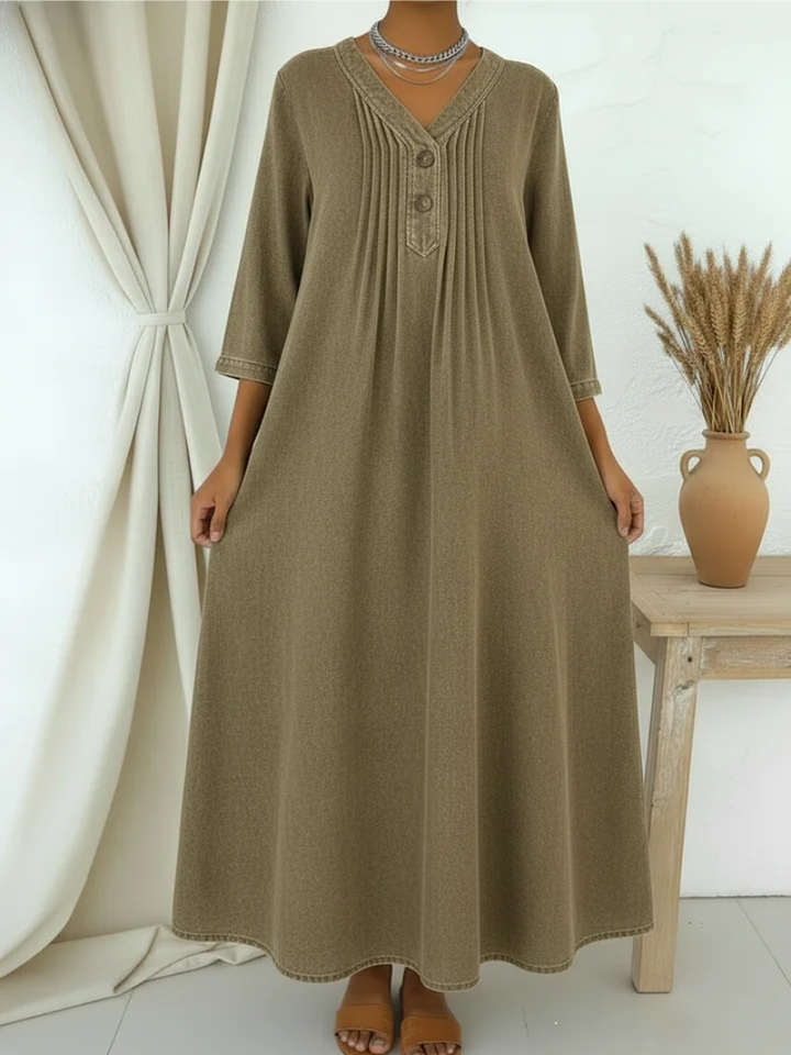 Danjela - Vestido Vaquero Con cuello En V y Botones