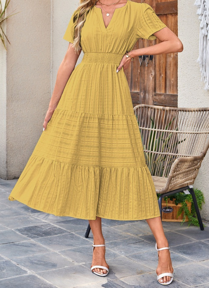 Jikina - Vestido Midi Con Cuello En V Escalonado y Bolsillos