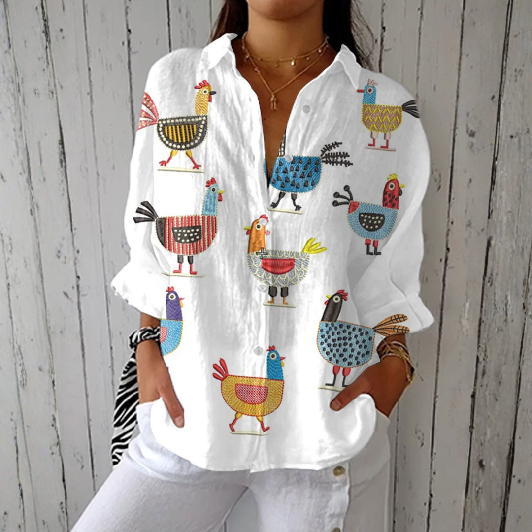 Lynda - Blusa Ligera con Estampado de Gallinas