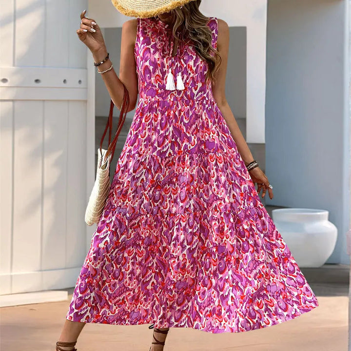 Minhee - Vestido Largo Sin Mangas Con Estampado Abstracto Y Corte Escalonado