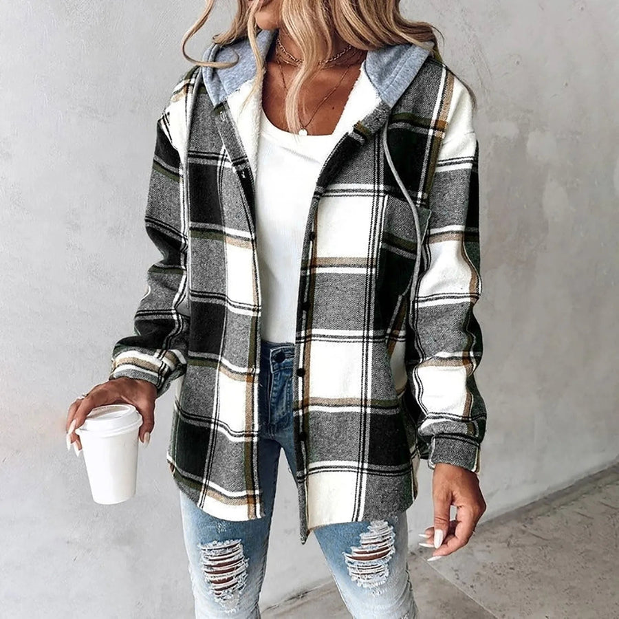 Liene - Chaqueta Camisa Con Capucha y Botones a Cuadros