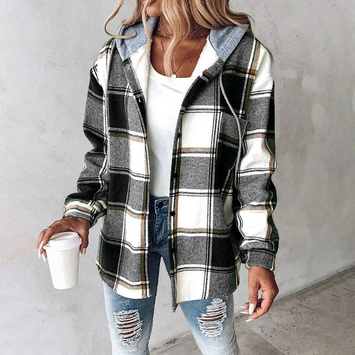 Liene - Chaqueta Camisa Con Capucha y Botones a Cuadros