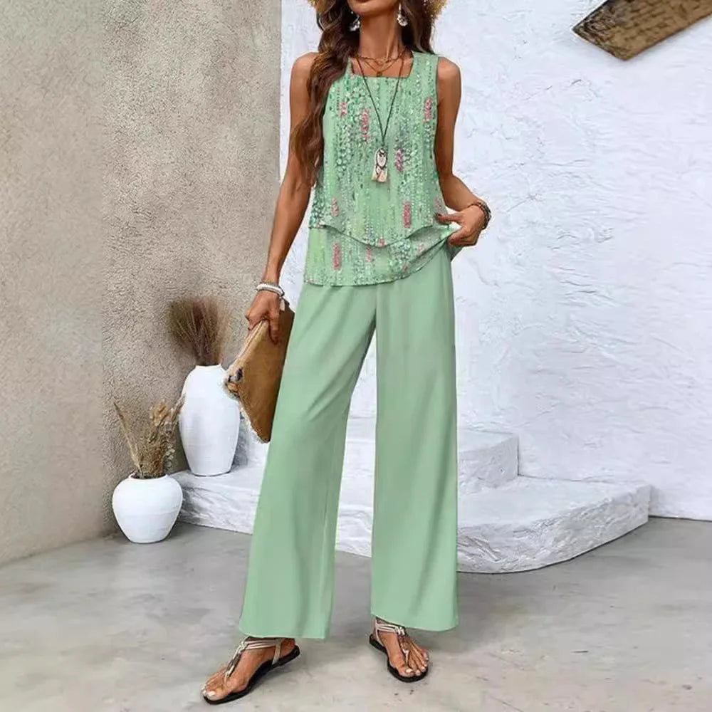 Analy - Conjunto De Topo Sin Mangas y Pantalones Anchos