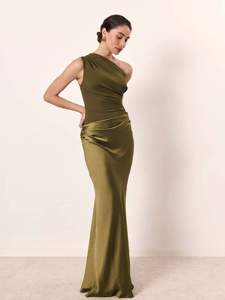 Aleida - Vestido Largo De Satén Con Un Solo Hombro