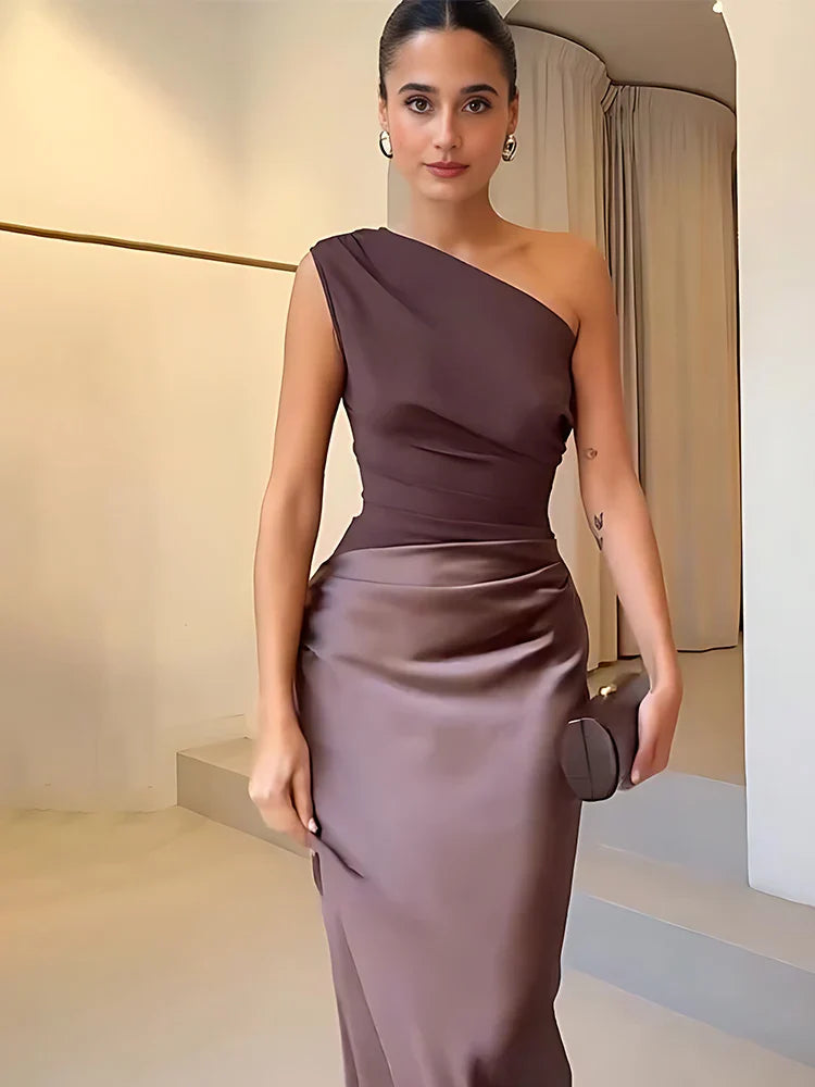Aleida - Vestido Largo De Satén Con Un Solo Hombro