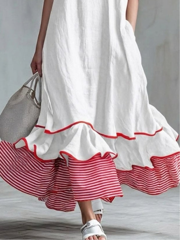 Behice - Vestido Largo Con Mangas Cortas Y Volantes a Rayas Rojas