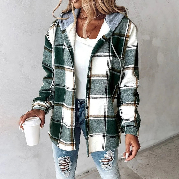 Liene - Chaqueta Camisa Con Capucha y Botones a Cuadros