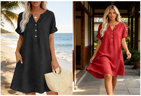 Jolande - Vestido Túnica Con Cuello en V y Bolsillos