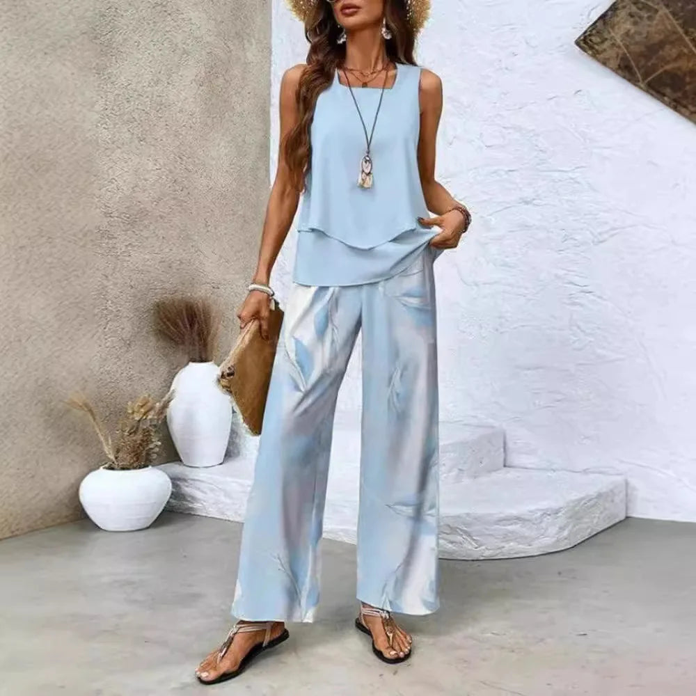 Analy - Conjunto De Topo Sin Mangas y Pantalones Anchos