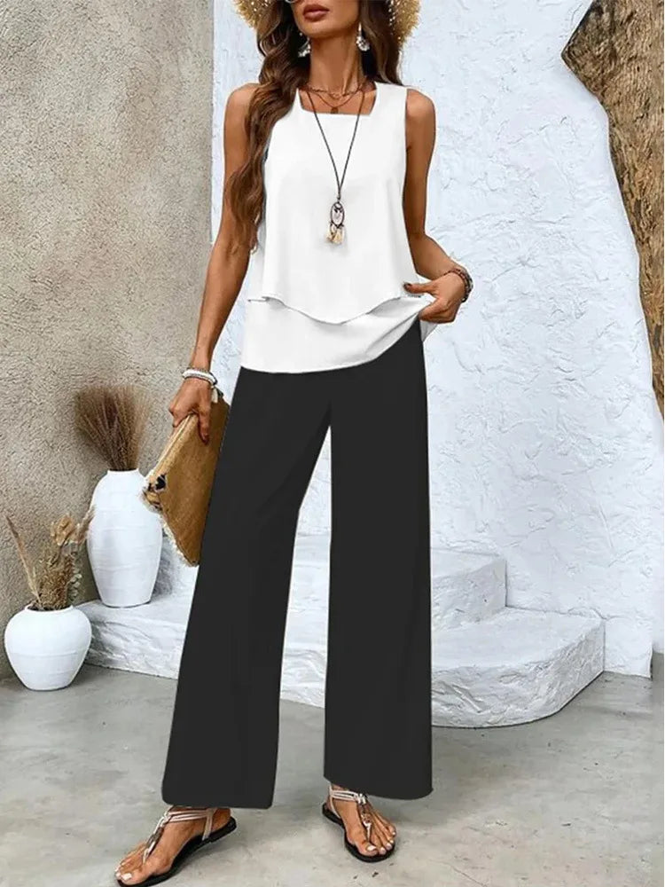 Analy - Conjunto De Topo Sin Mangas y Pantalones Anchos