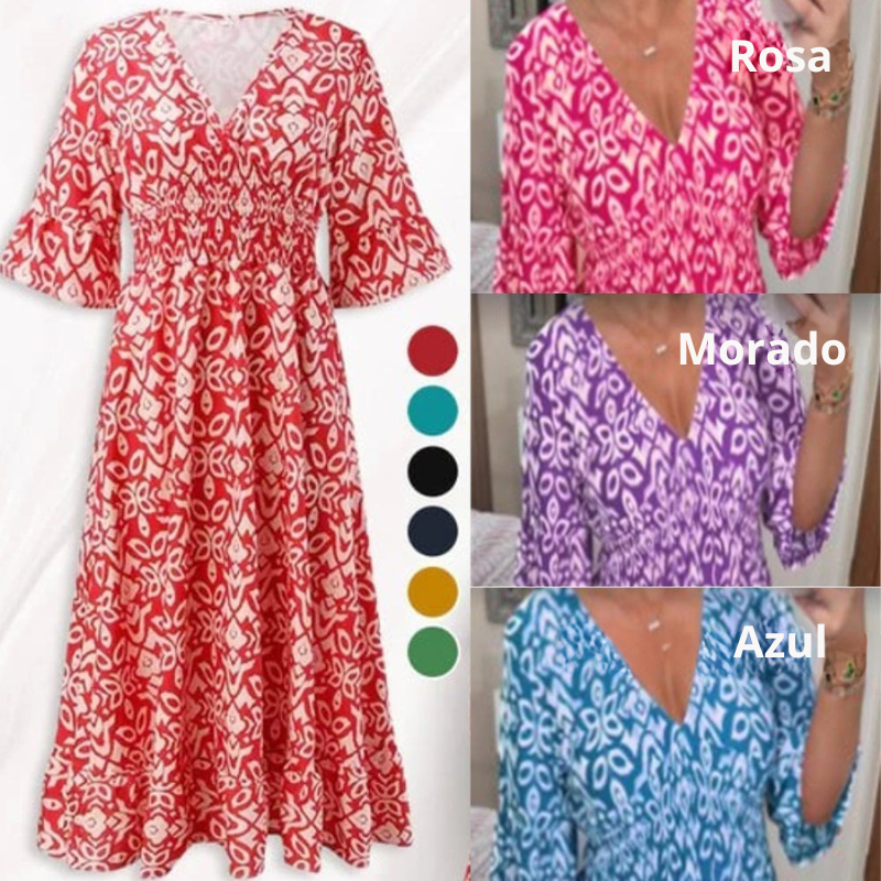 Yiska - Vestido Florales con Cuello en Pico
