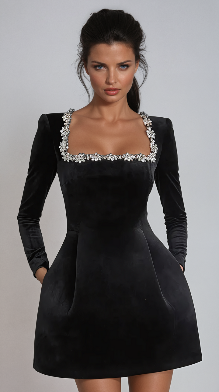 Kaseena - Minivestido De Terciopelo Con Cuello Cuadrado y Adornos