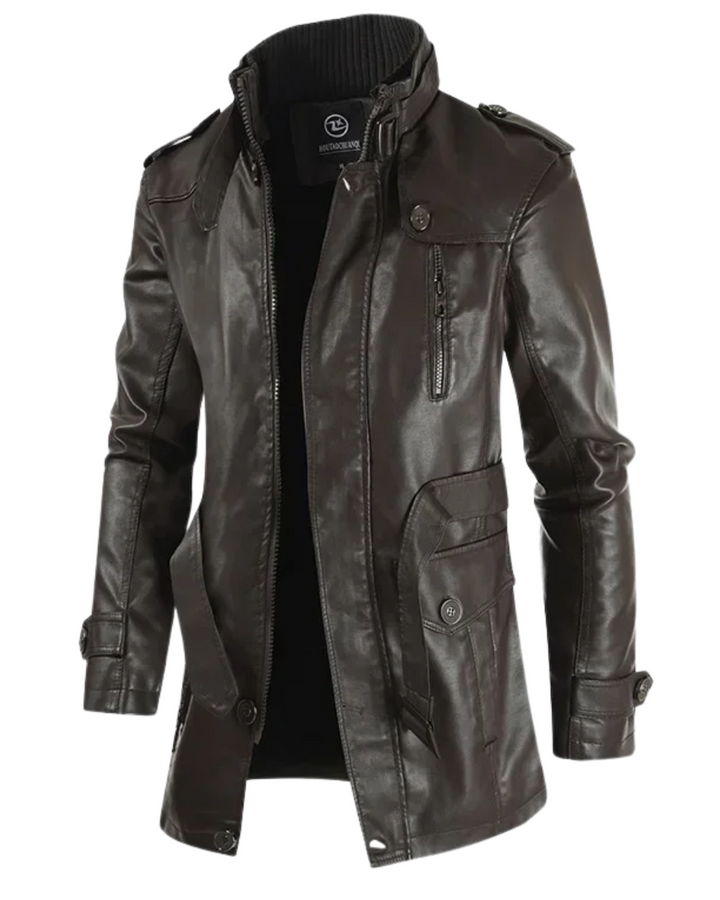 Krystain - Elegante Chaqueta Motera Larga de Cuero
