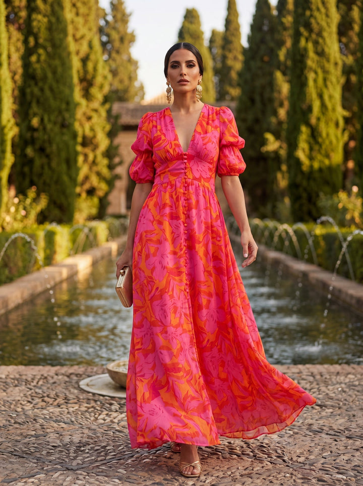 Zinnia - Vestido Largo Con Estampado Floral Y Cuello en V