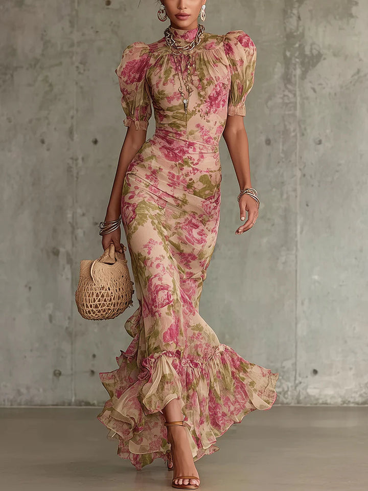Erikka - Vestido Floral De Gasa Con Volantes En El Bajo