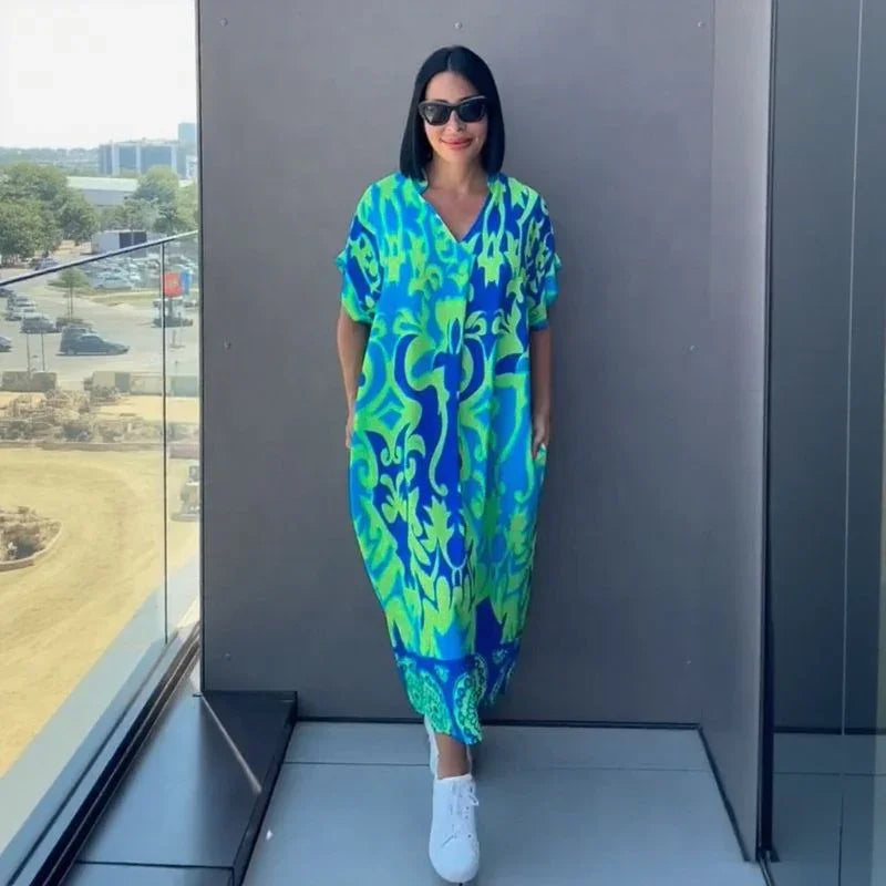 Gayathri - Vestido largo Elegante Con Estampado Floral y Cuello en V