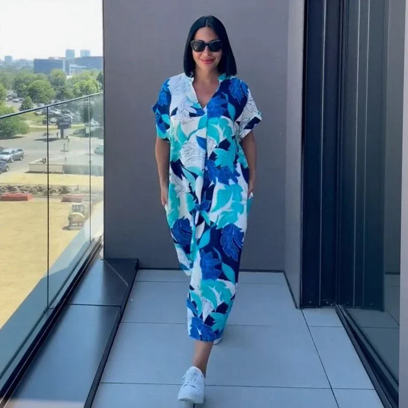 Gayathri - Vestido largo Elegante Con Estampado Floral y Cuello en V