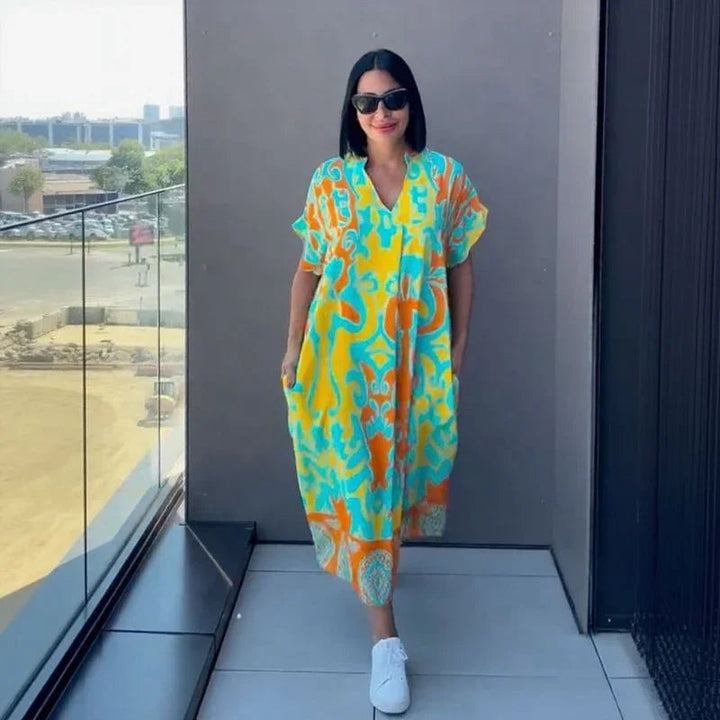 Gayathri - Vestido largo Elegante Con Estampado Floral y Cuello en V