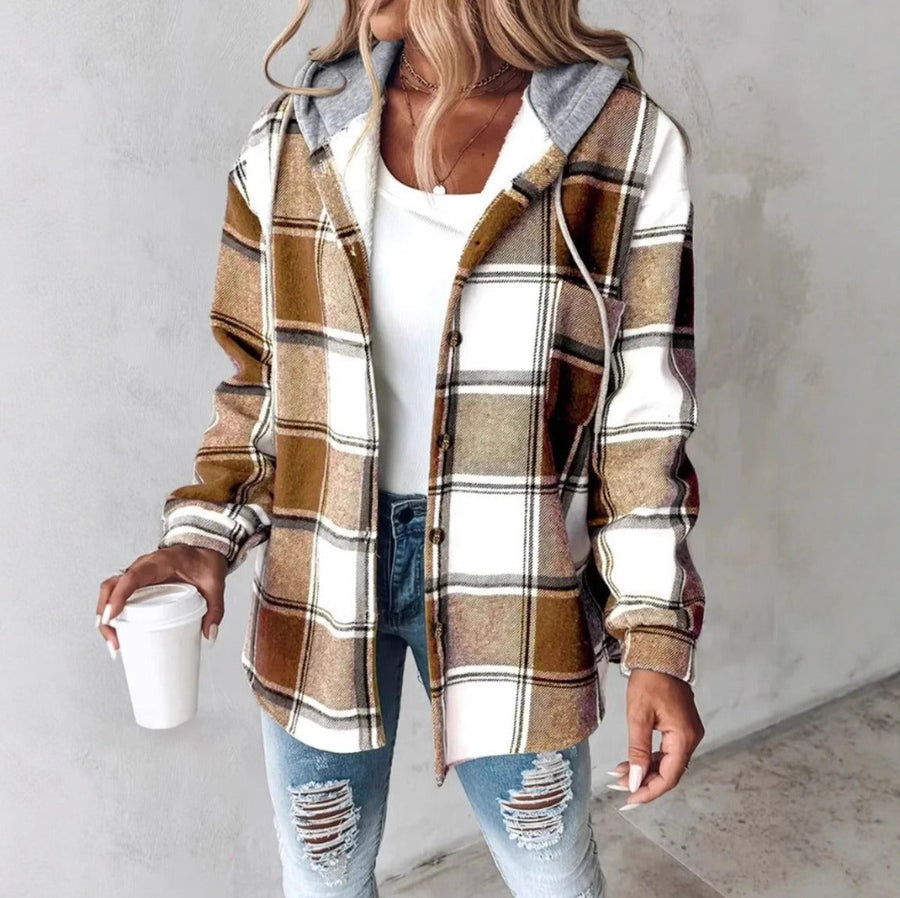 Liene - Chaqueta Camisa Con Capucha y Botones a Cuadros