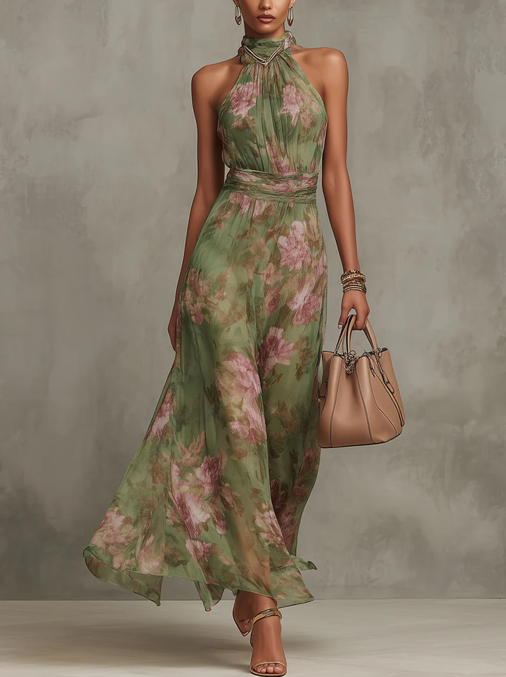 Livya - Elegante Vestido Largo con Cuello Halter y Estampado Floral