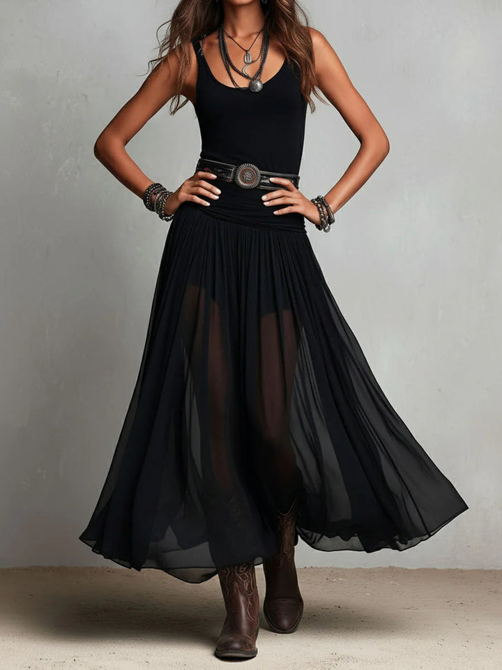 Odetta - Elegante Vestido Largo De Tul Con Cinturón