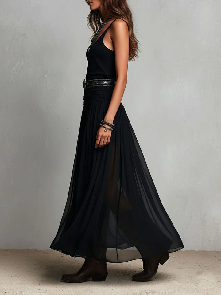 Odetta - Elegante Vestido Largo De Tul Con Cinturón