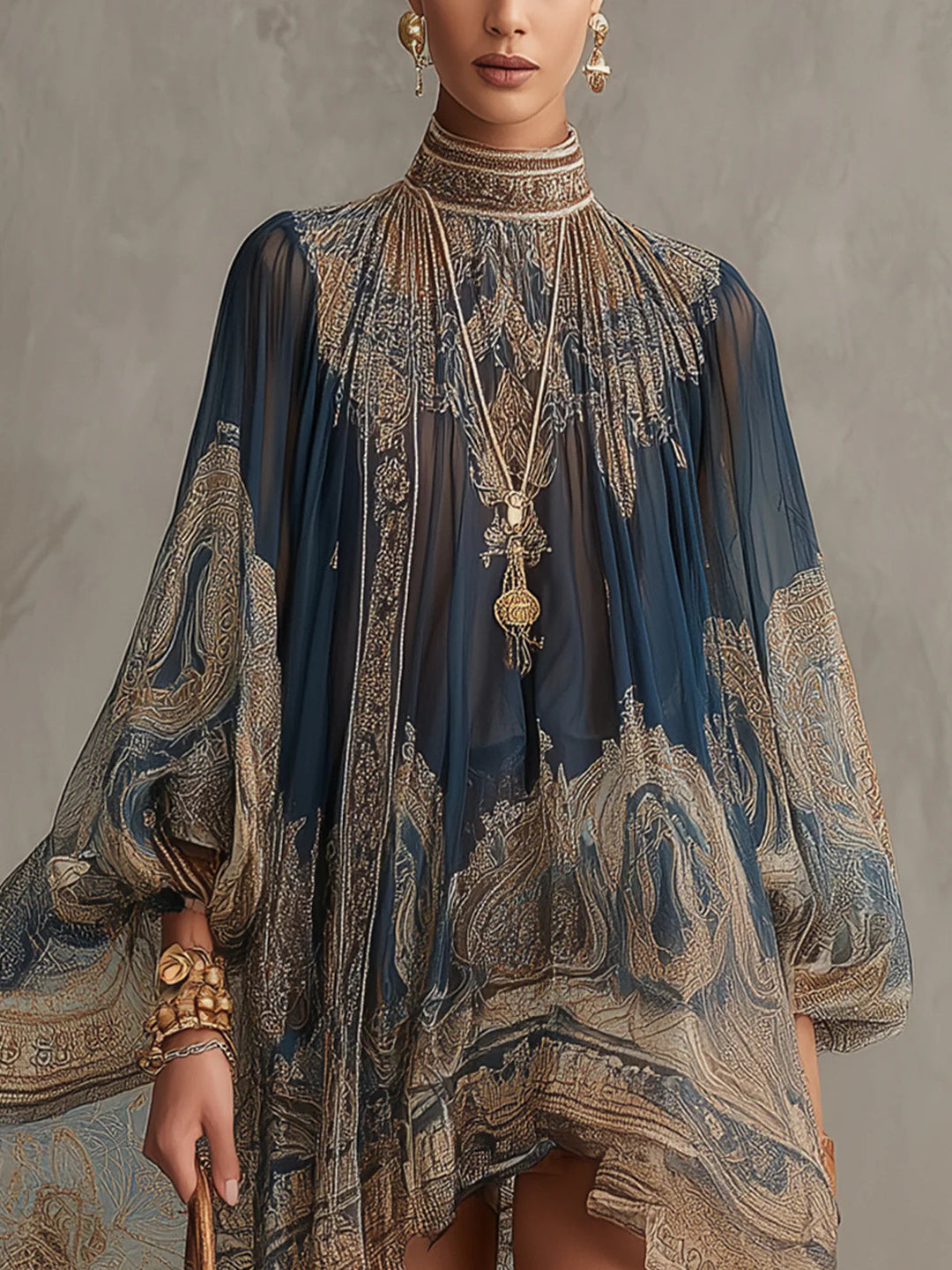 Rhean: Minivestido De Gasa Con Estampado Barroco Dorado