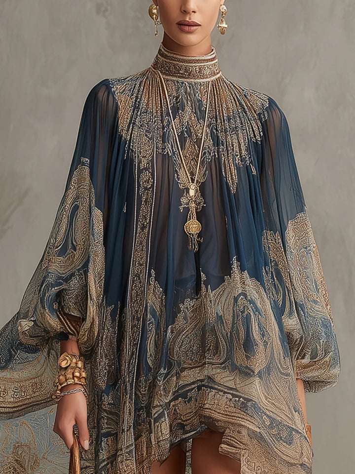 Rhean: Minivestido De Gasa Con Estampado Barroco Dorado