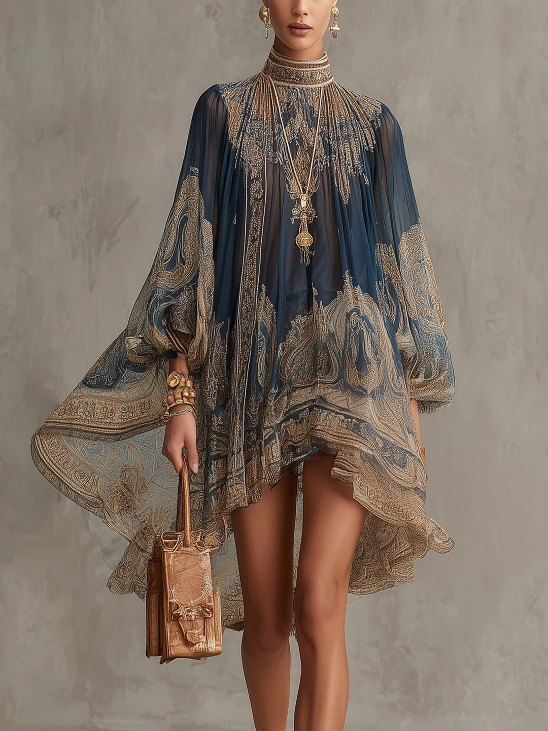Rhean: Minivestido De Gasa Con Estampado Barroco Dorado