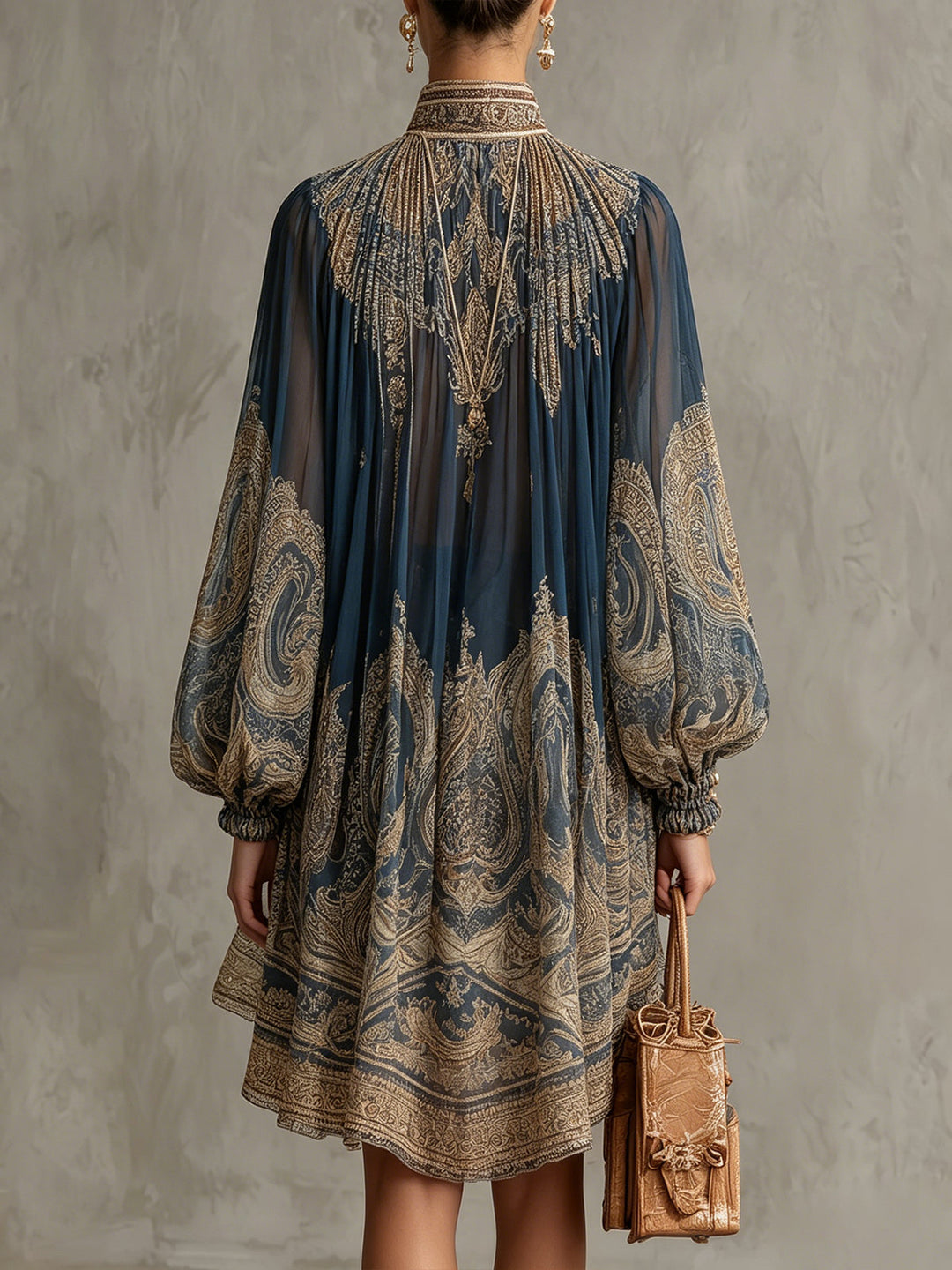 Rhean: Minivestido De Gasa Con Estampado Barroco Dorado