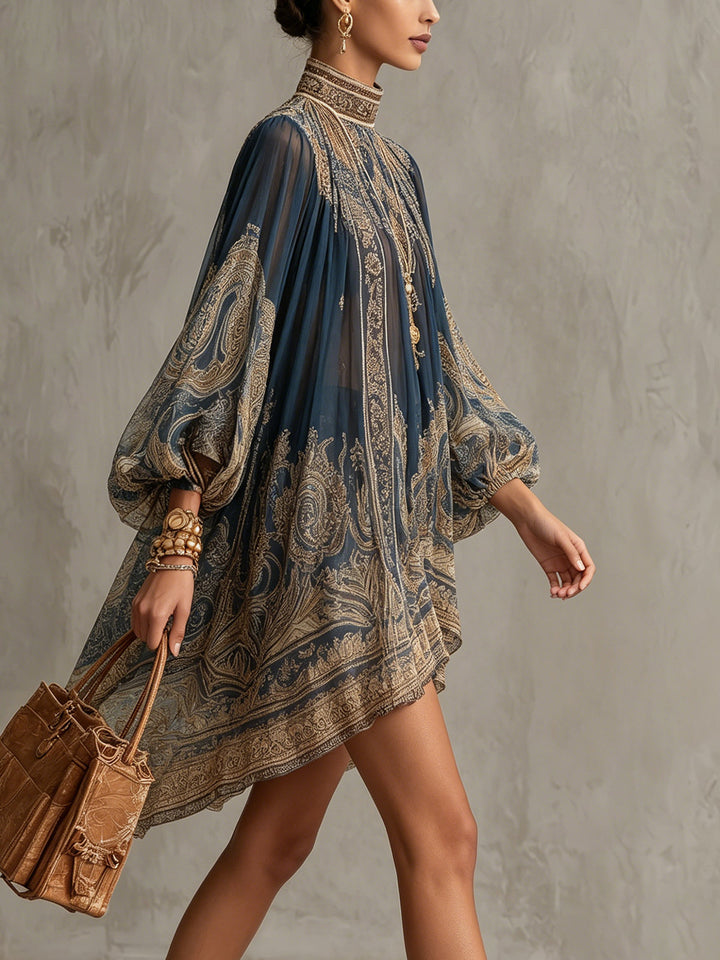 Rhean: Minivestido De Gasa Con Estampado Barroco Dorado