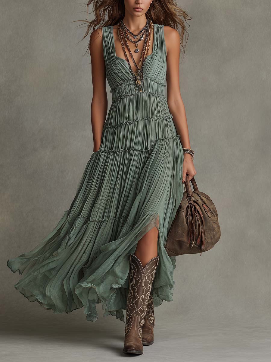 Sirikun - Vestido Largo De Gasa Plisada en Verde Salvia Con Cuello en V