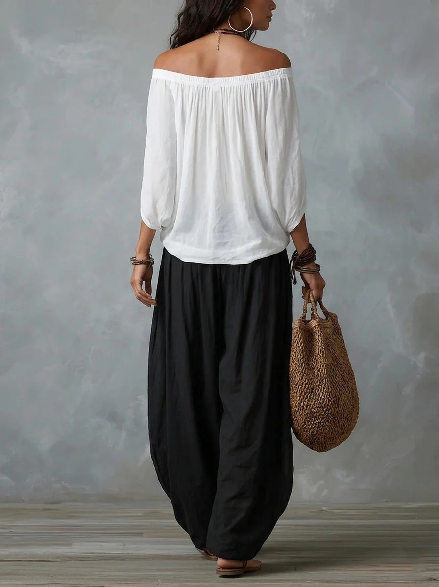 Joryna - Conjunto De Top Asimétrico y Pantalones Palazzo Anchos