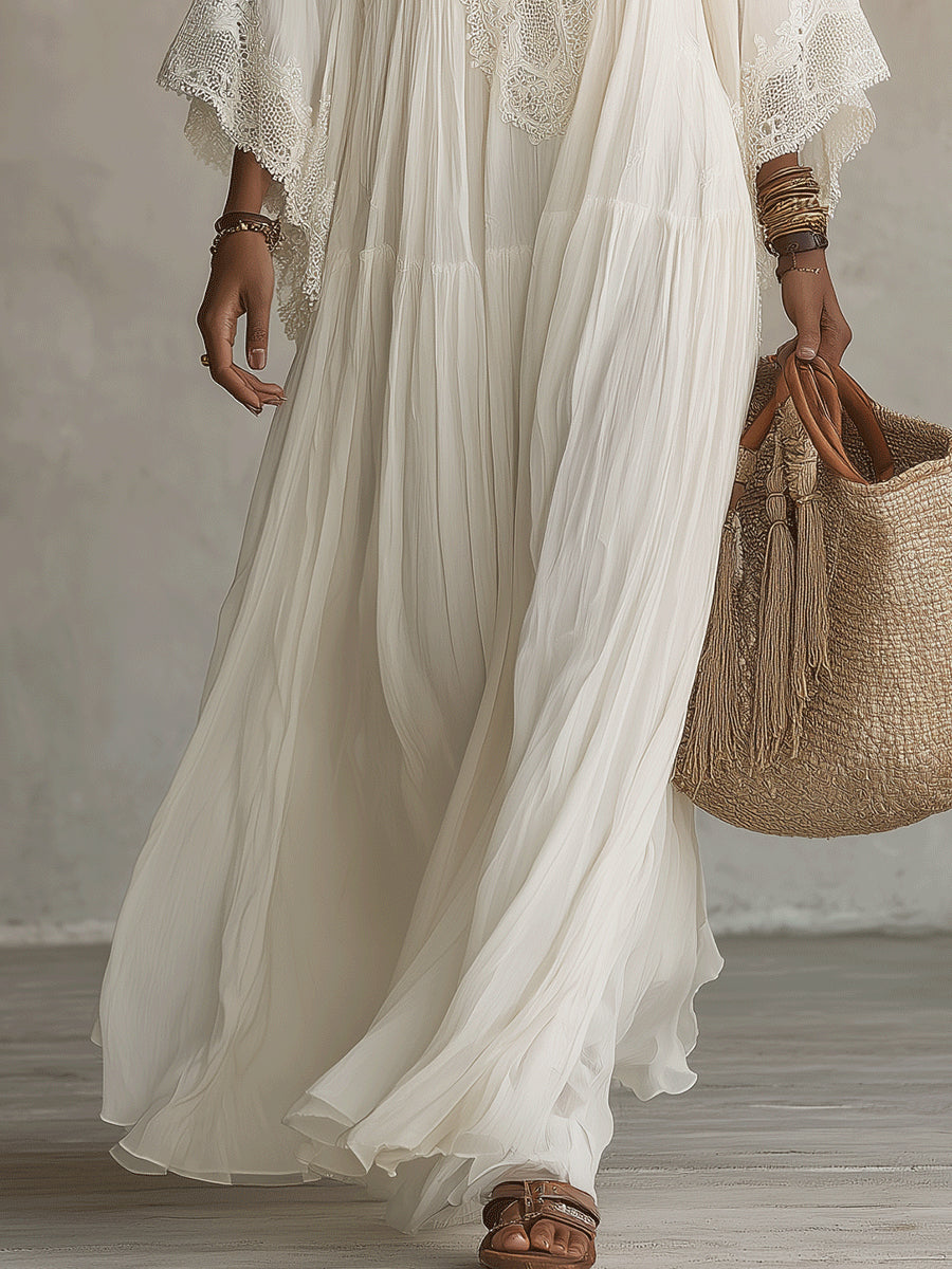 Shimmila - Vestido Largo De Gasa Con Mangas De Murciélago y Encaje