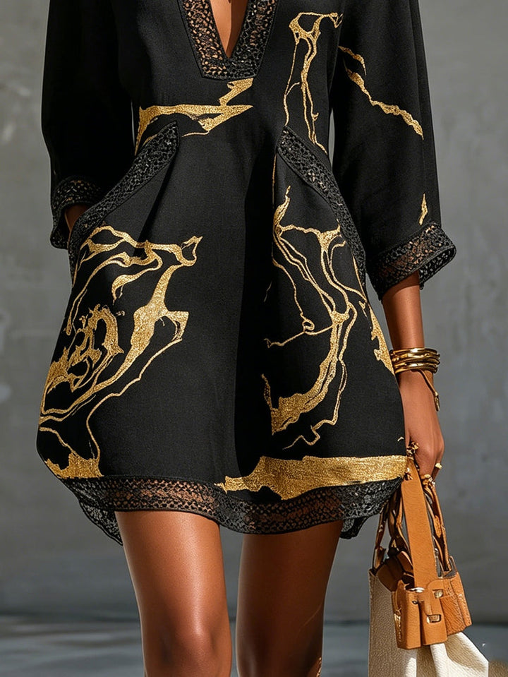 Arlinen - Minivestido Con Estampado De Mármol Dorado Y Encaje De Ganchillo