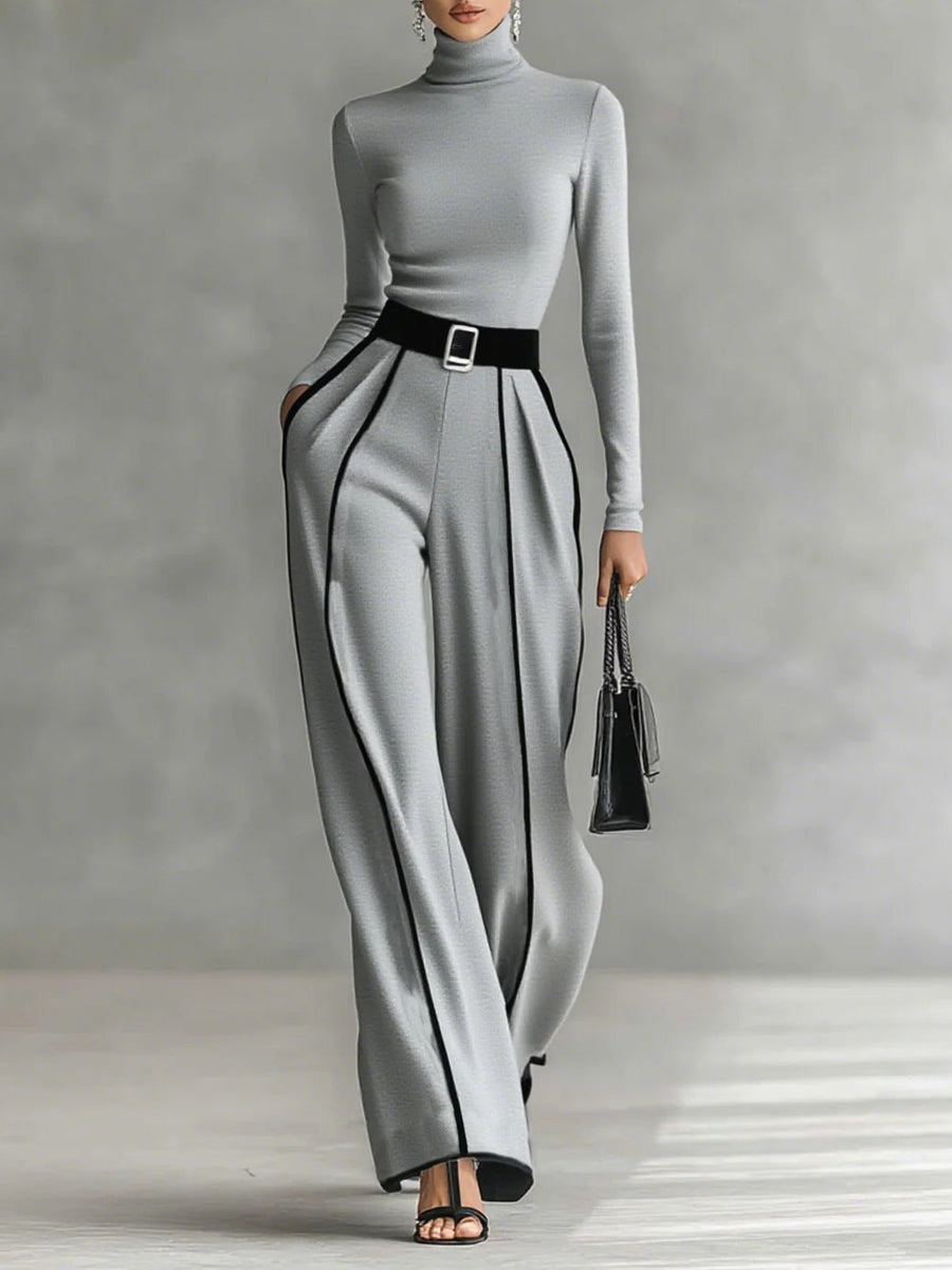 Karyssa - Top de Cuello alto y Pantalones Anchos con Cinturón