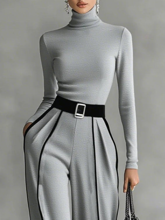 Karyssa - Top de Cuello alto y Pantalones Anchos con Cinturón