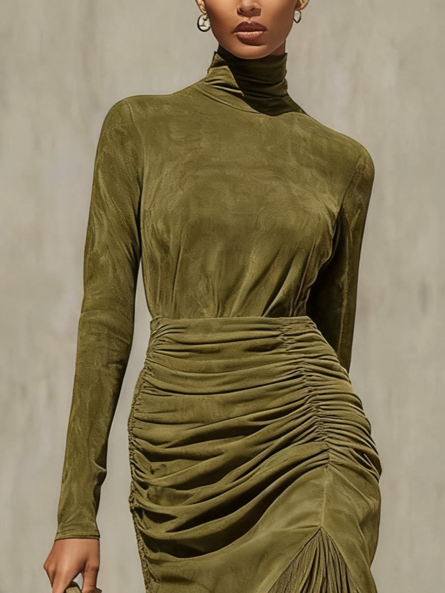 Kessia - Vestido de Cuello Alto con Mangas Largas y Flecos