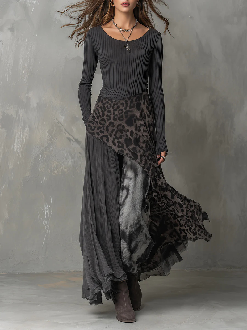 Nkem - Vestido Largo a Rayas con Estampado de Leopardo