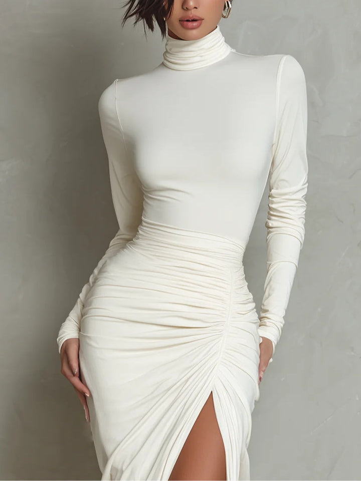 Yovara - Vestido midi Plisado con cuello Alto y Mangas Largas